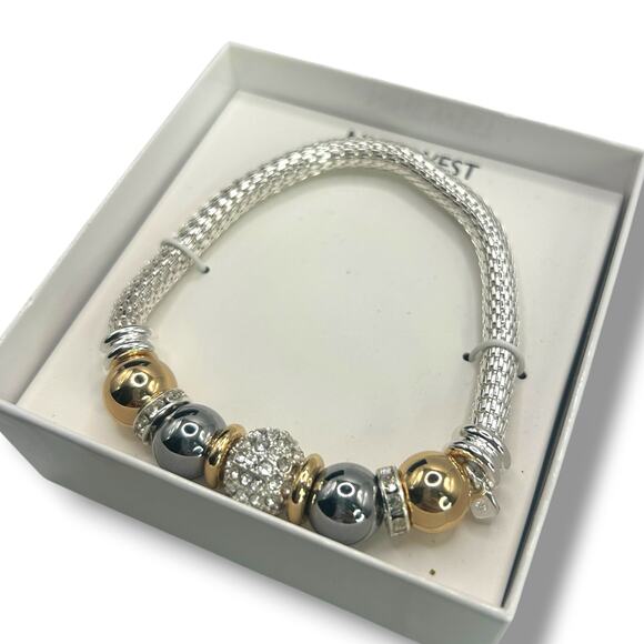 NEW Nine West Tri-Tone Pave Fireball Stretch Bracelet Silver Gold Gray Beaded - Picture 5 of 8